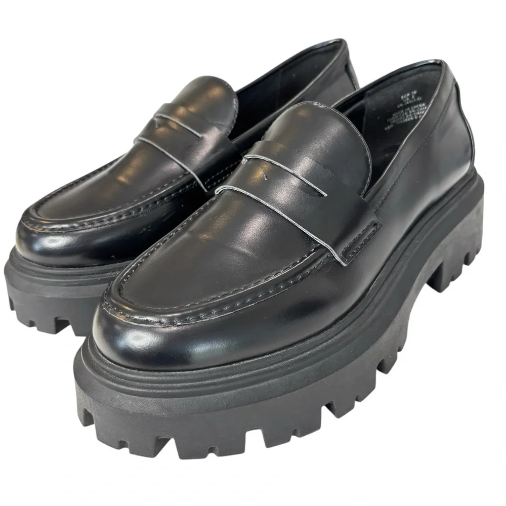 H&M Womens Chunky Platform Penny Loafers Black Patent Leather Shoe Size 39 / 8